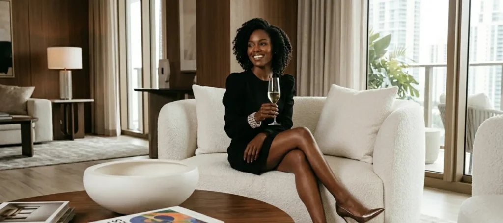 a lady inside a luxury apartment